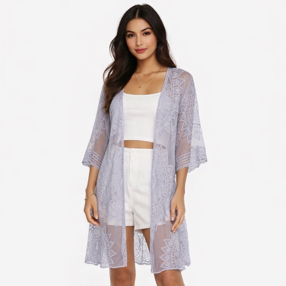 Rachel Zoe Periwinkle Blue Lace Kimono Open Front Sheer One Size 47"Long